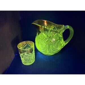EAPG Duncan & Miller “Block & Rosette” Clear w/ Gold Glass Pitcher & Tumbler